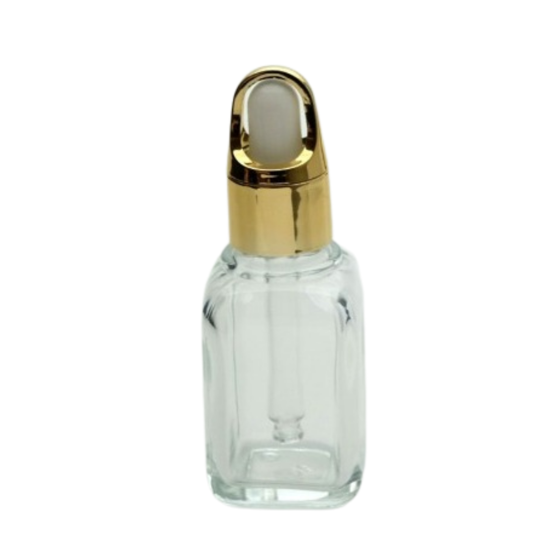 Şeffaf Köşeli Cam Şişe Gold Kilitli Damlalıklı Kapak 35 ml